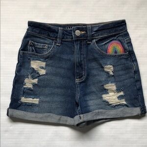 JUSTICE Girls NWT Jean Shorts Rainbow Embroidered Distressed Size 14